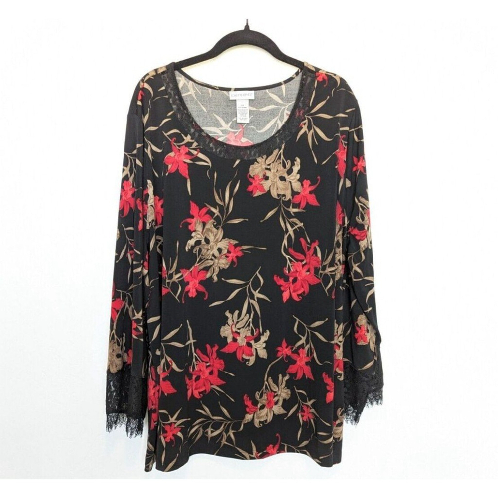 Catherines Blouse Womens Plus 2X Black Red Floral‎ Lace Tunic Office Top